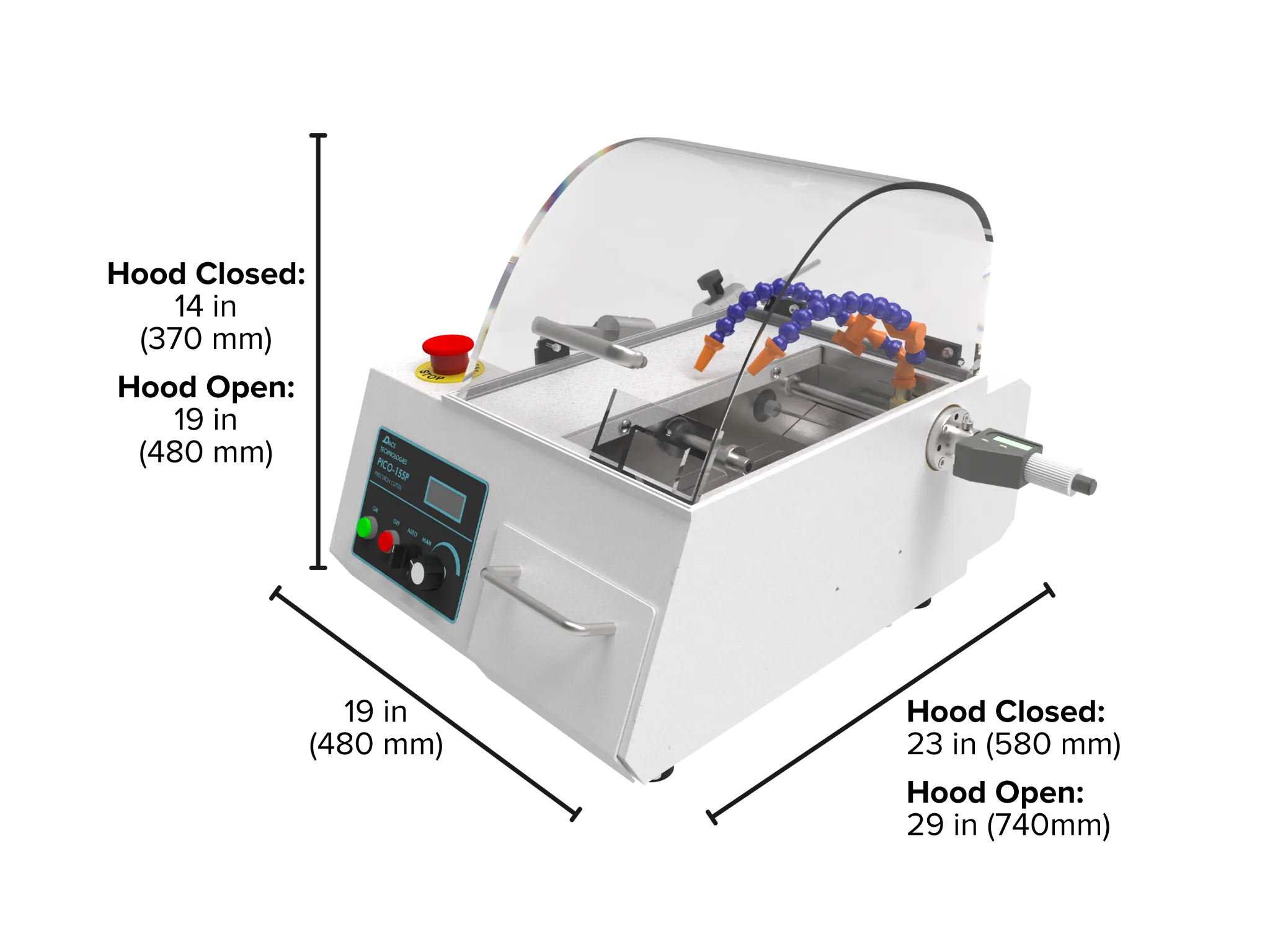 Image of the PICO-155P highlighting key dimensions such as width, depth, and length